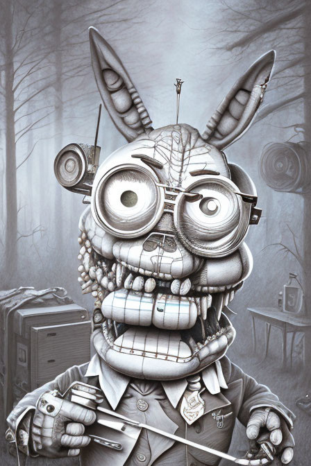 Anthropomorphic rabbit with mechanical features in forest setting