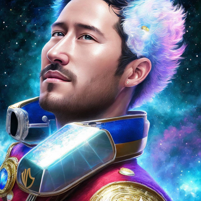 Vibrant digital portrait with futuristic armor and cosmic backdrop