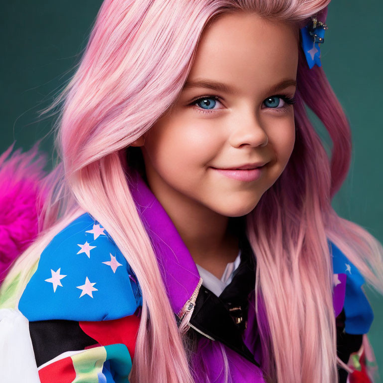 Pink-haired girl in star-patterned jacket smiles on teal background