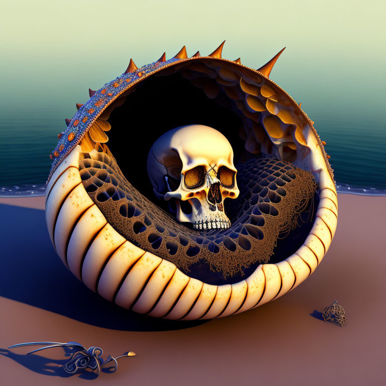 Skull in Spiral Shell Structure with Sea Background