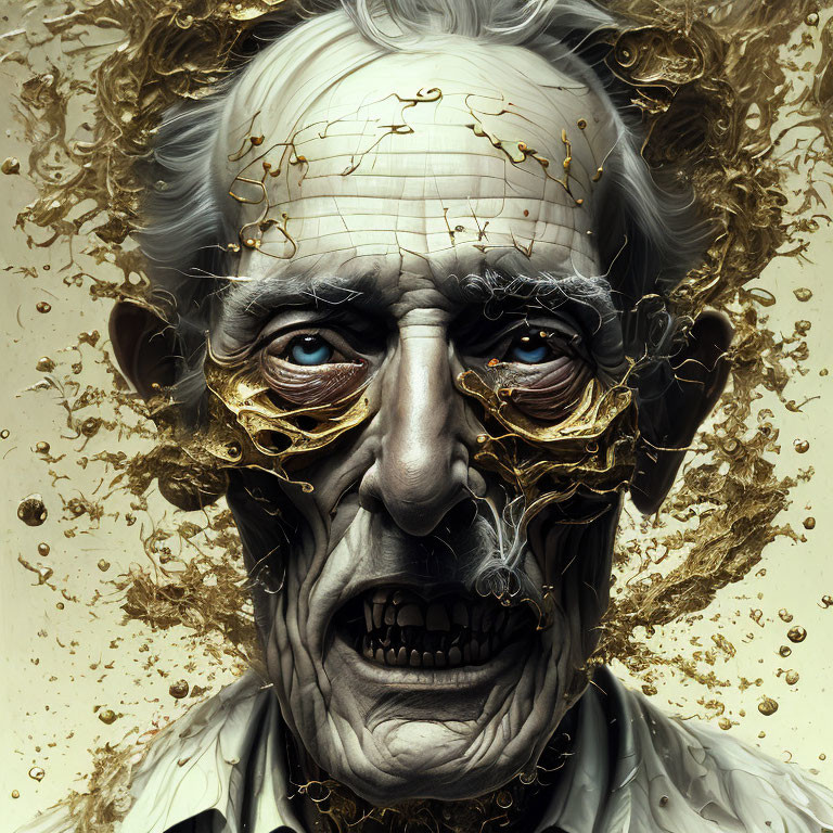 Digital portrait of elderly person with withered face and golden liquid eyes.