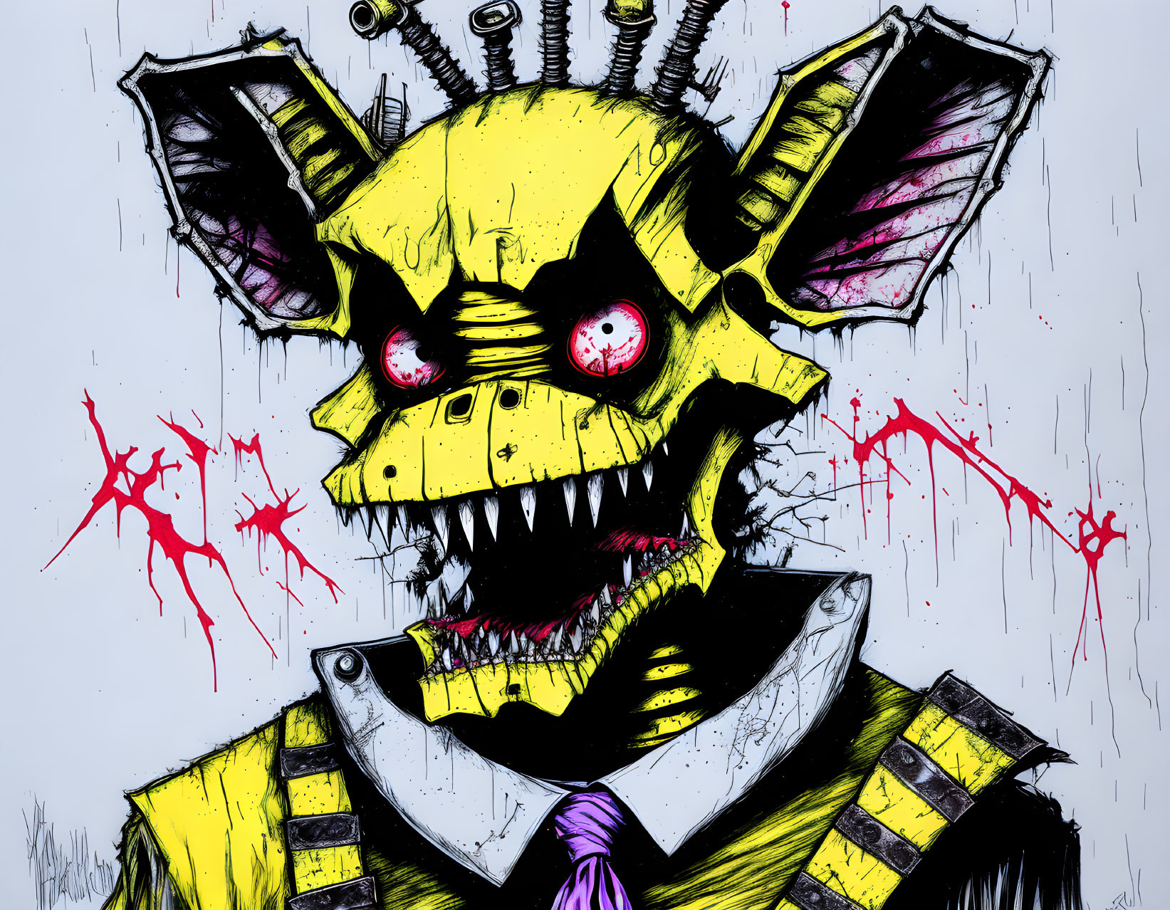 Yellow Robotic Character with Sharp Teeth on Red and Purple Background