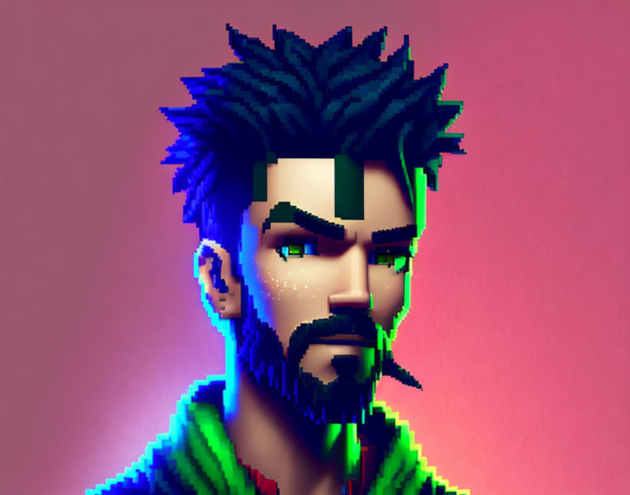 Man's Pixel Art Portrait with Green-Striped Top & Spiked Hair