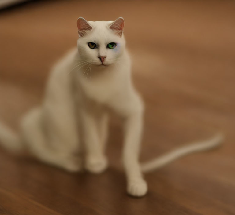 White Cat with Heterochromia: Blue and Green Eyes on Wooden Floor