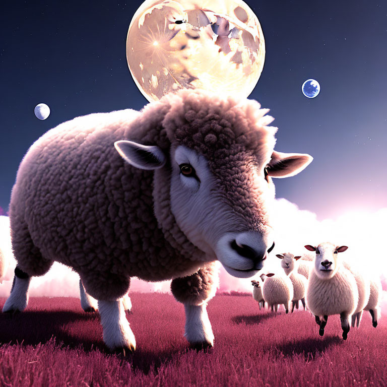 Night sky with herd of sheep under full moon and two smaller moons