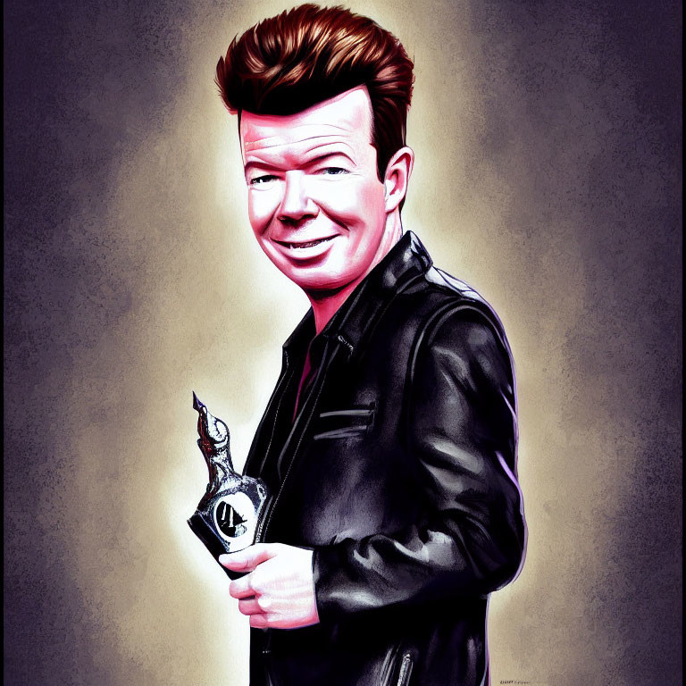 Stylized caricature man with prominent hairstyle holding award