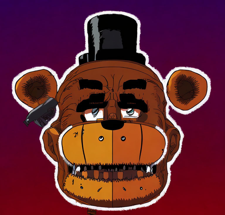 Brown Cartoon Bear with Top Hat and Phone Receiver on Purple Background