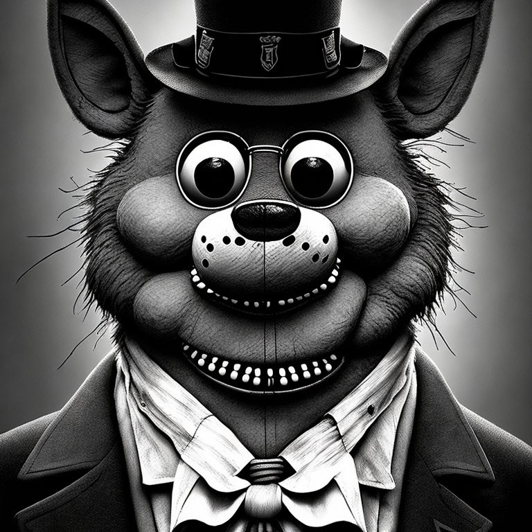 Monochrome anthropomorphic bear in suit, tie, and hat with friendly expression