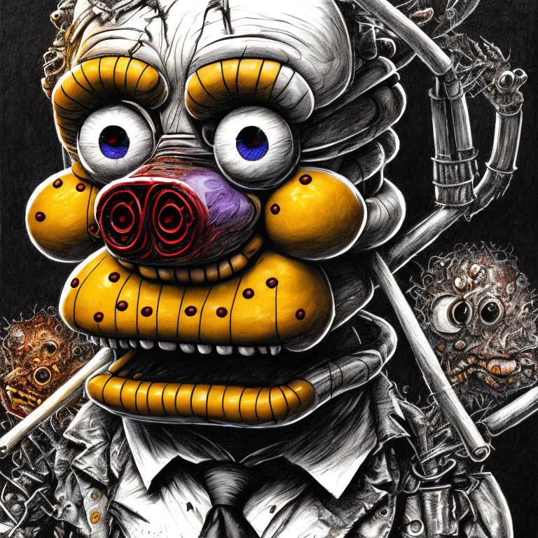 Detailed Drawing of Clown-Like Animatronic with Exaggerated Facial Features