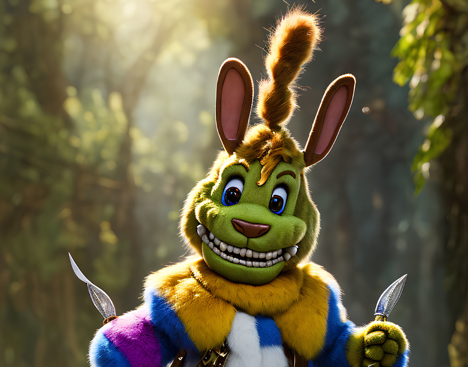 Colorful anthropomorphic rabbit with swords in sunlight