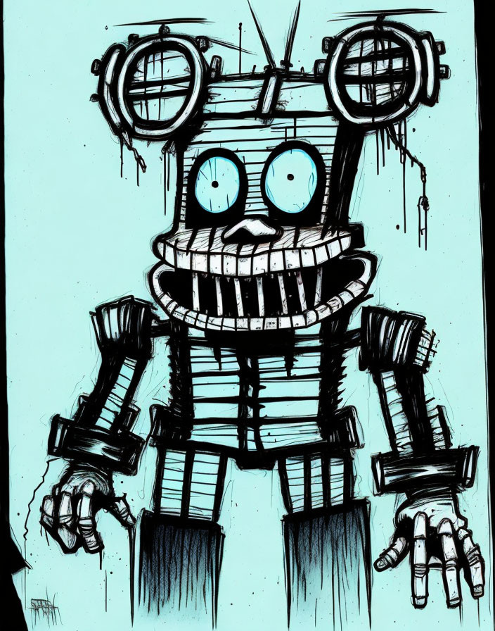 Whimsical robot illustration with large eyes and smile on teal background