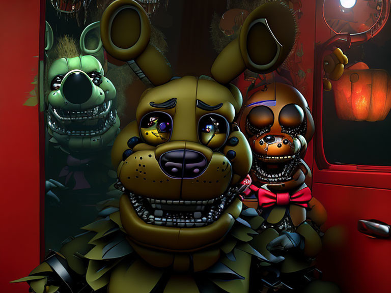 Stylized animatronic characters with glowing eyes in dimly lit room