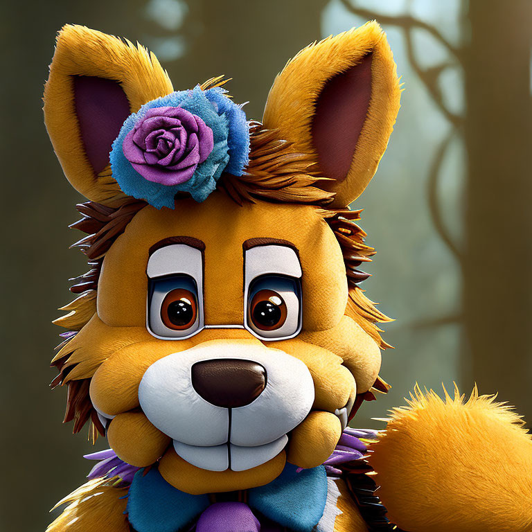 Cartoonish 3D render of an orange fox with big eyes and floral accessories