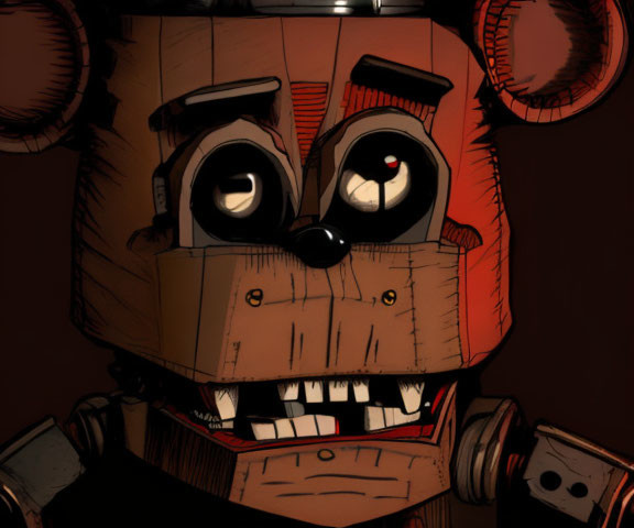 Menacing mechanical bear with glowing eyes and toothy grin