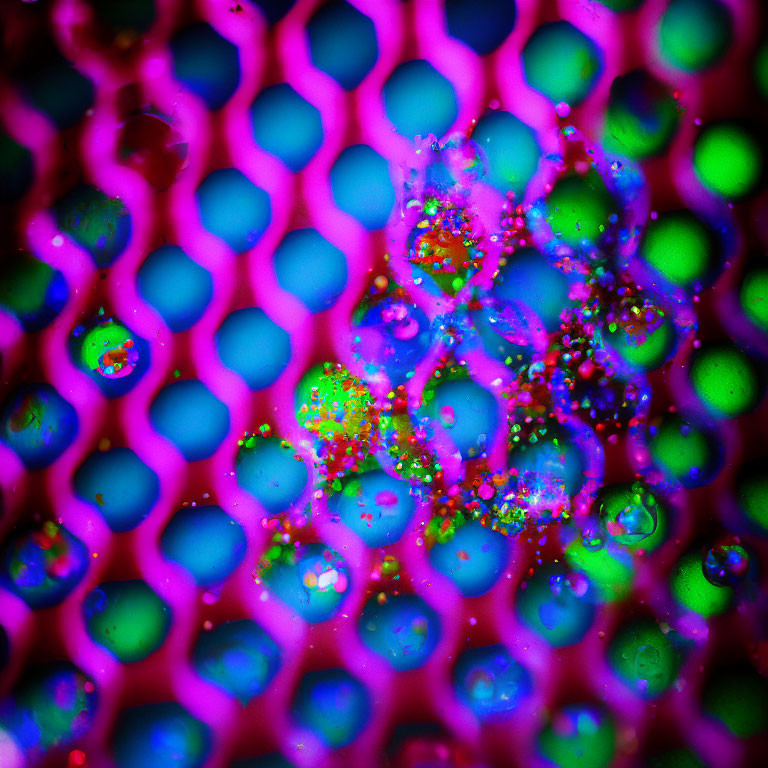 Colorful Honeycomb Pattern with Sparkling Water Droplets in Neon Hues