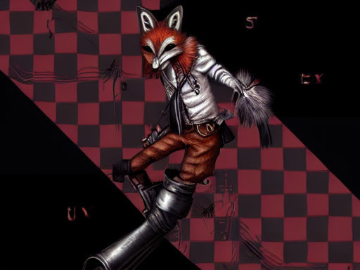 Anthropomorphic fox biker on surreal cannon in dark checkered setting