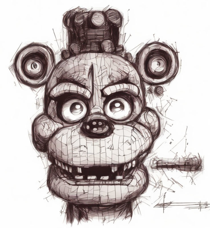 Stylized bear face sketch with mechanical details and sinister expression