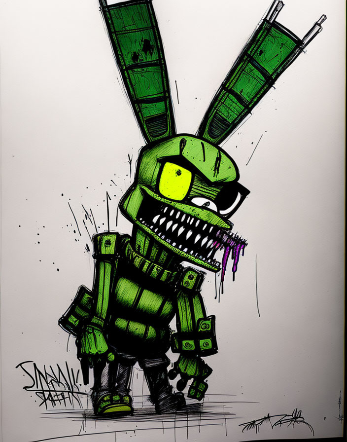 Stylized green robot sketch with oversized syringes, sharp teeth, yellow eye, and ink