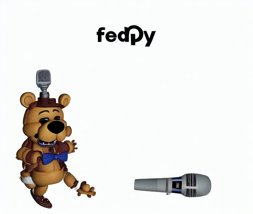 Animated bear in clothes with microphone under "fedPy" logo