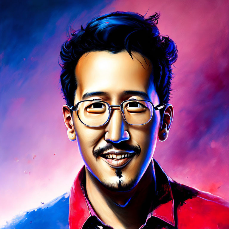 Stylized digital portrait of man with glasses and goatee on vibrant background