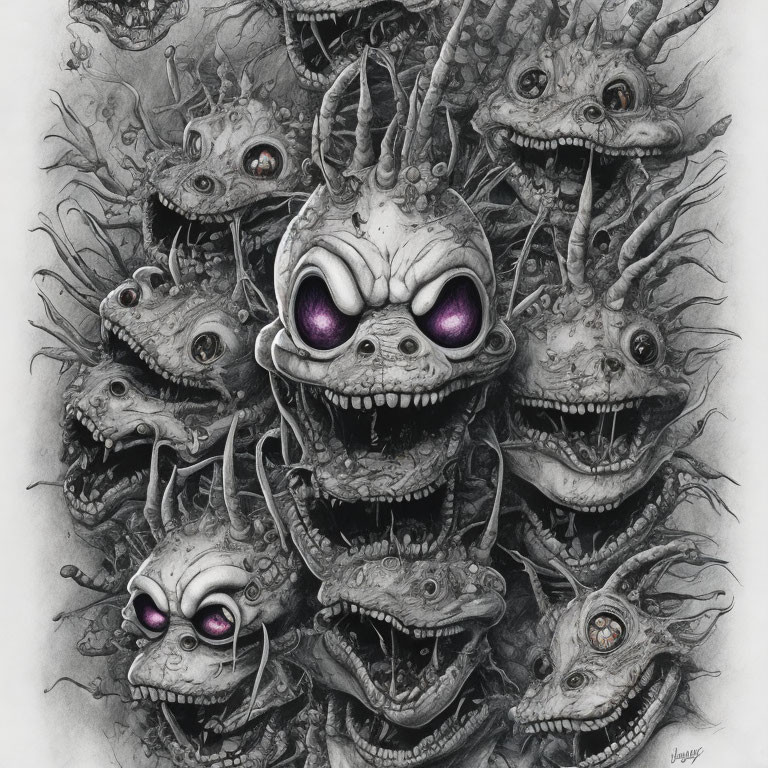 Monochrome drawing of central creature with purple eyes and toothy grin surrounded by smaller eerie creatures