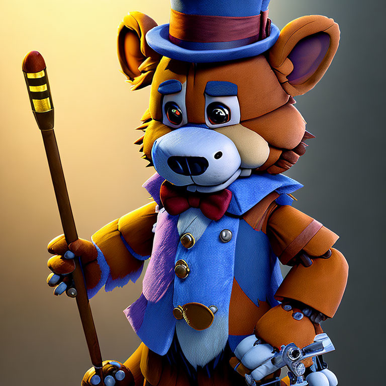 Brown Bear Character in Blue Top Hat and Coat with Cane Illustration