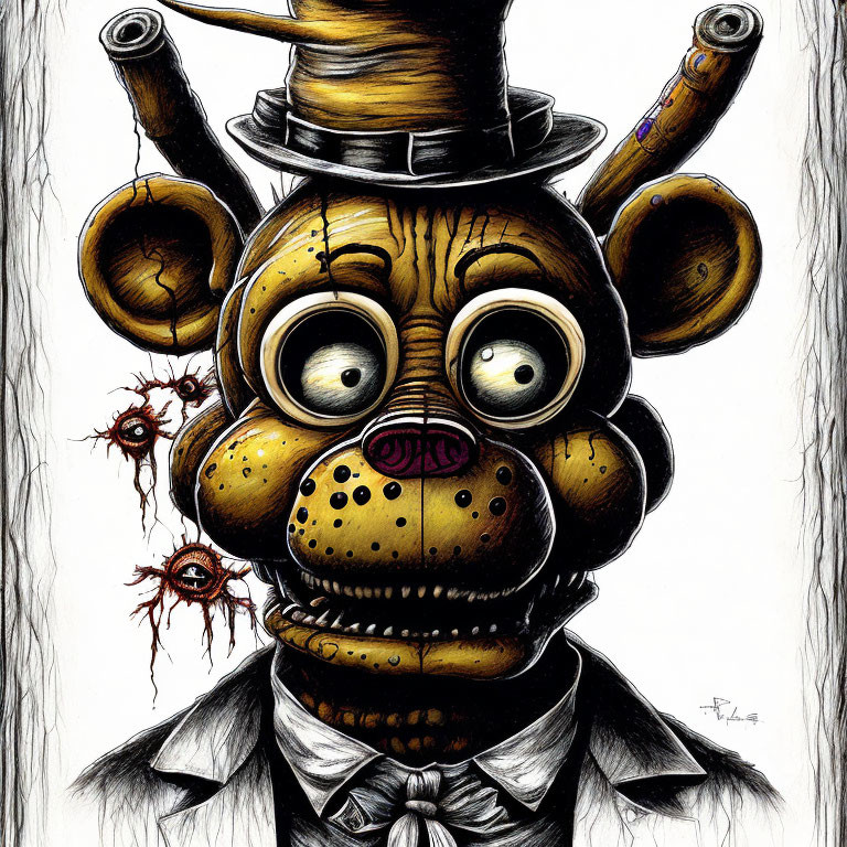 Menacing animatronic bear with top hat and wires: hand-drawn illustration