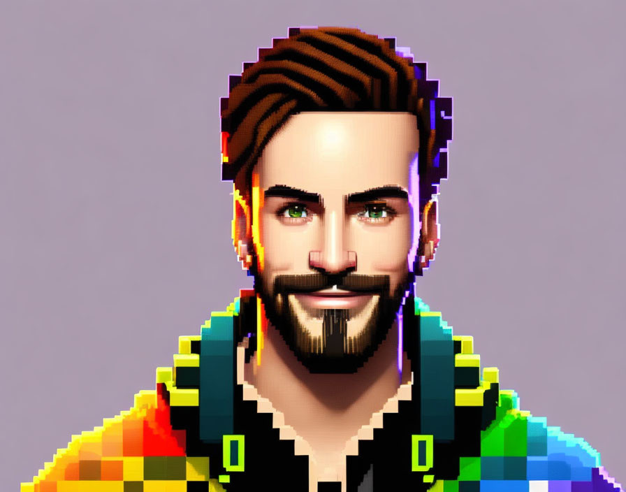 Colorful pixel art portrait of a bearded man with stylized hair in a hoodie on purple backdrop