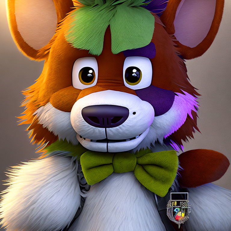 Animated anthropomorphic fox with green bowtie and police badge on grey background