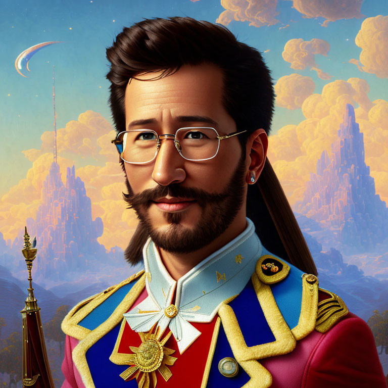 Man in glasses wearing military-style jacket with medals in fantastical landscape