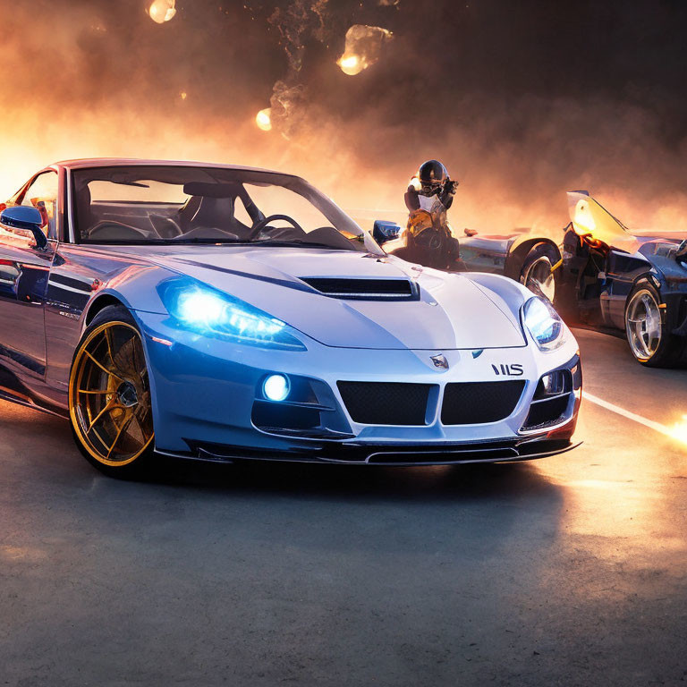 Blue Sports Car with Golden Rims and Motorcyclist in Black Gear among Hazy Backdrop