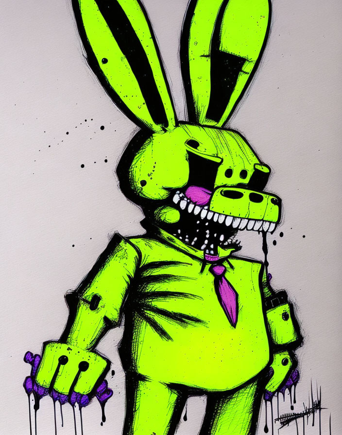 Sinister green anthropomorphic rabbit with elongated ears and tie