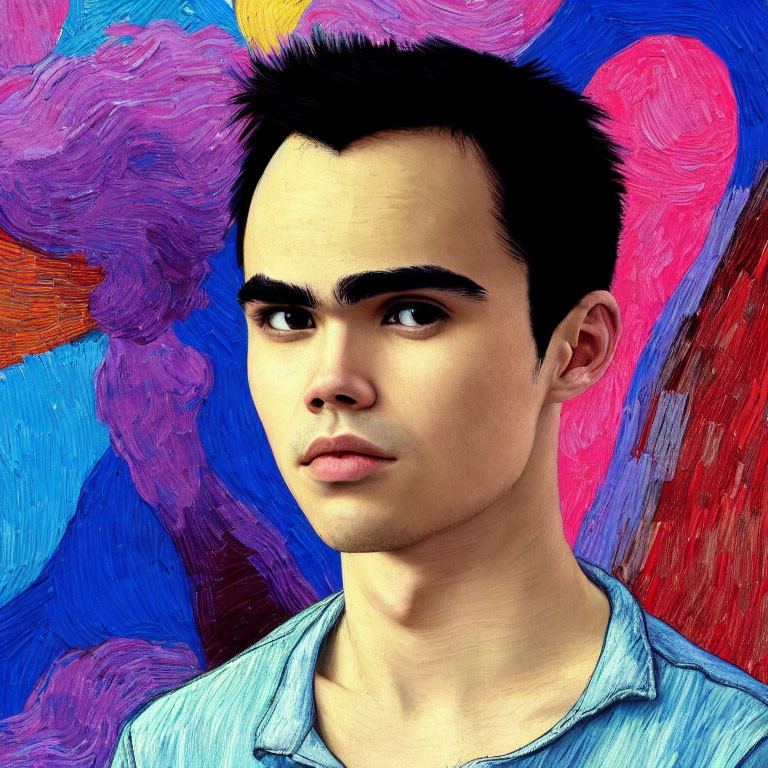 Serious young man in digital portrait against colorful abstract background