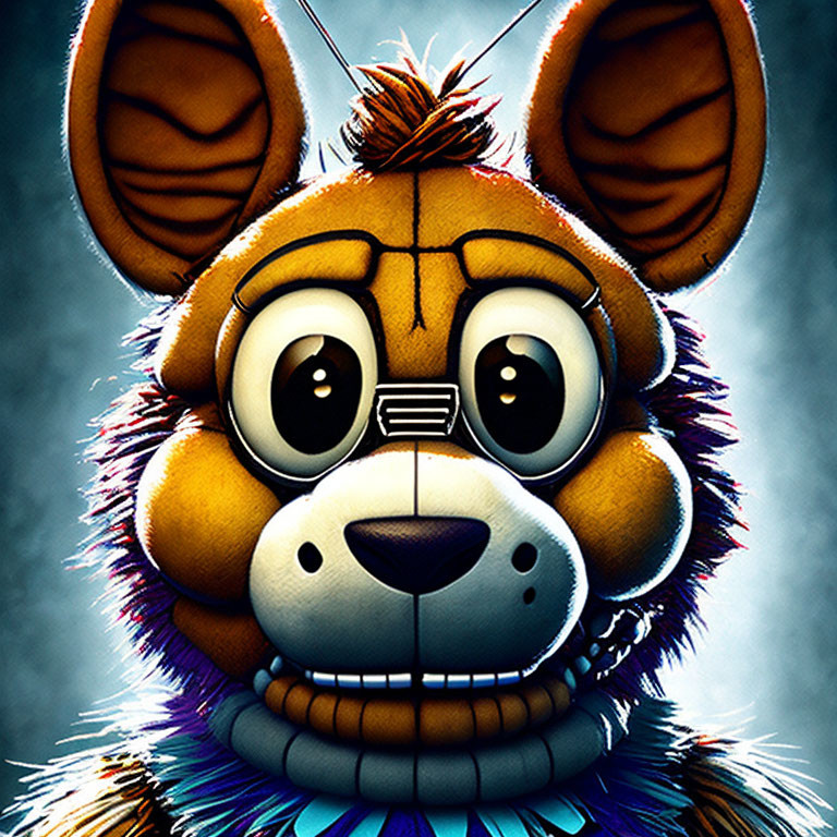 Detailed digital illustration of animatronic brown bear with large ears and expressive eyes.