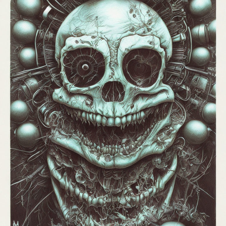 Detailed Monochrome Skull Illustration with Mechanical Elements