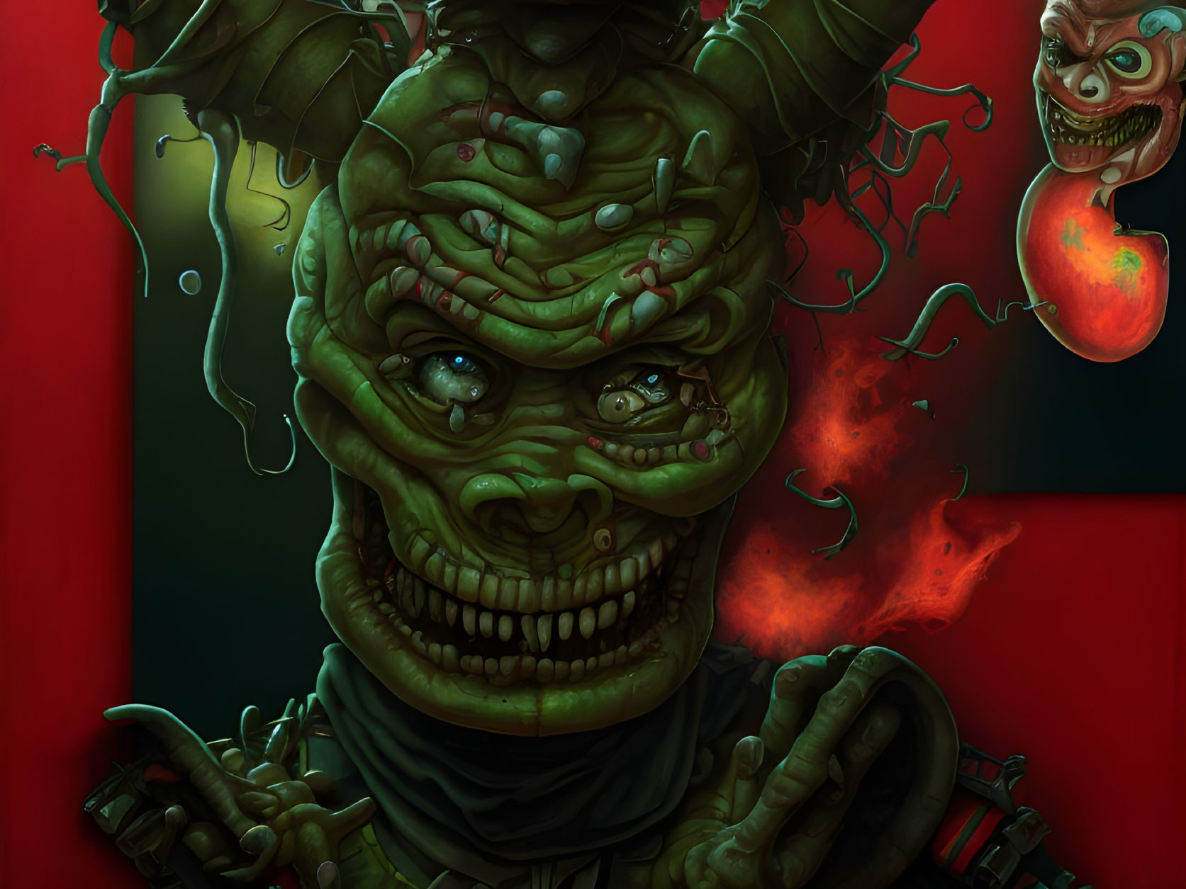 Grotesque green monster with fiery creatures and dripping slime