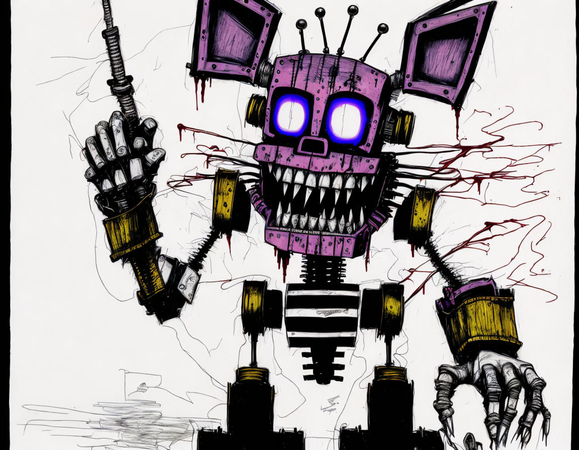 Purple Robotic Character with Large Eyes and Wires: Cartoonish Drawing