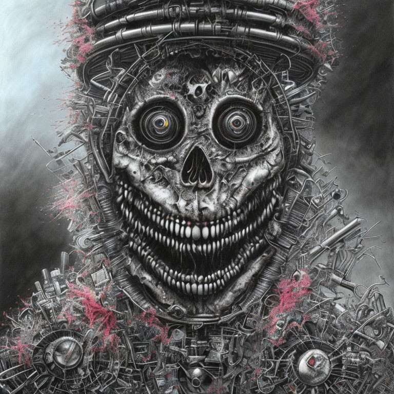 Monochromatic skull drawing with mechanical eyes on intricate machinery backdrop