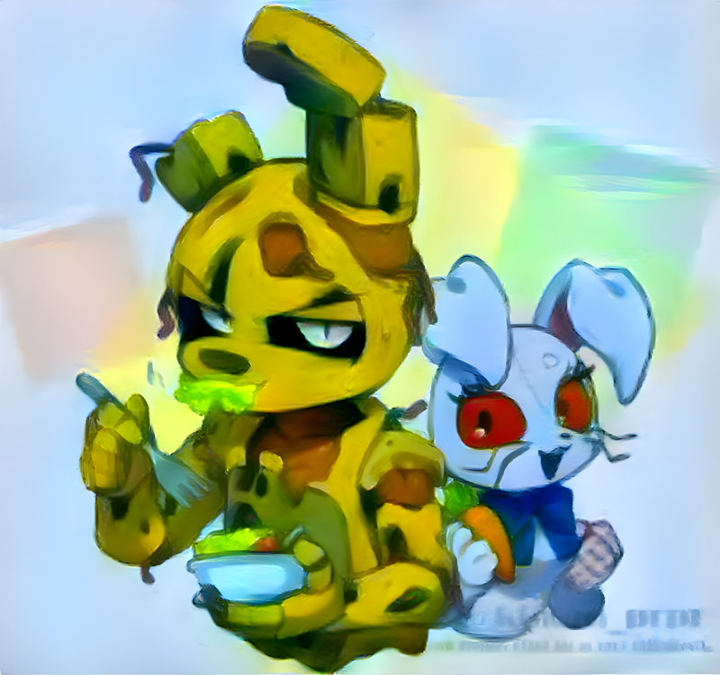 Springtrap eating salad next to Vanny