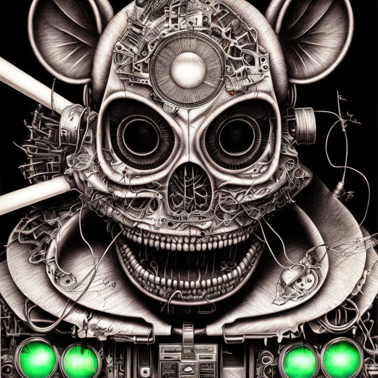 Detailed monochrome mechanical skull with gears and green lights