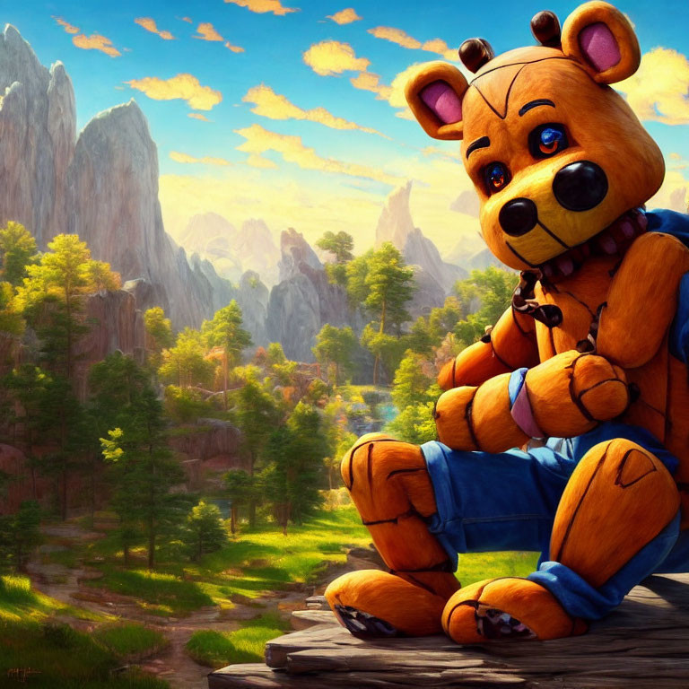 Contemplative teddy bear in lush valley with rocks and trees