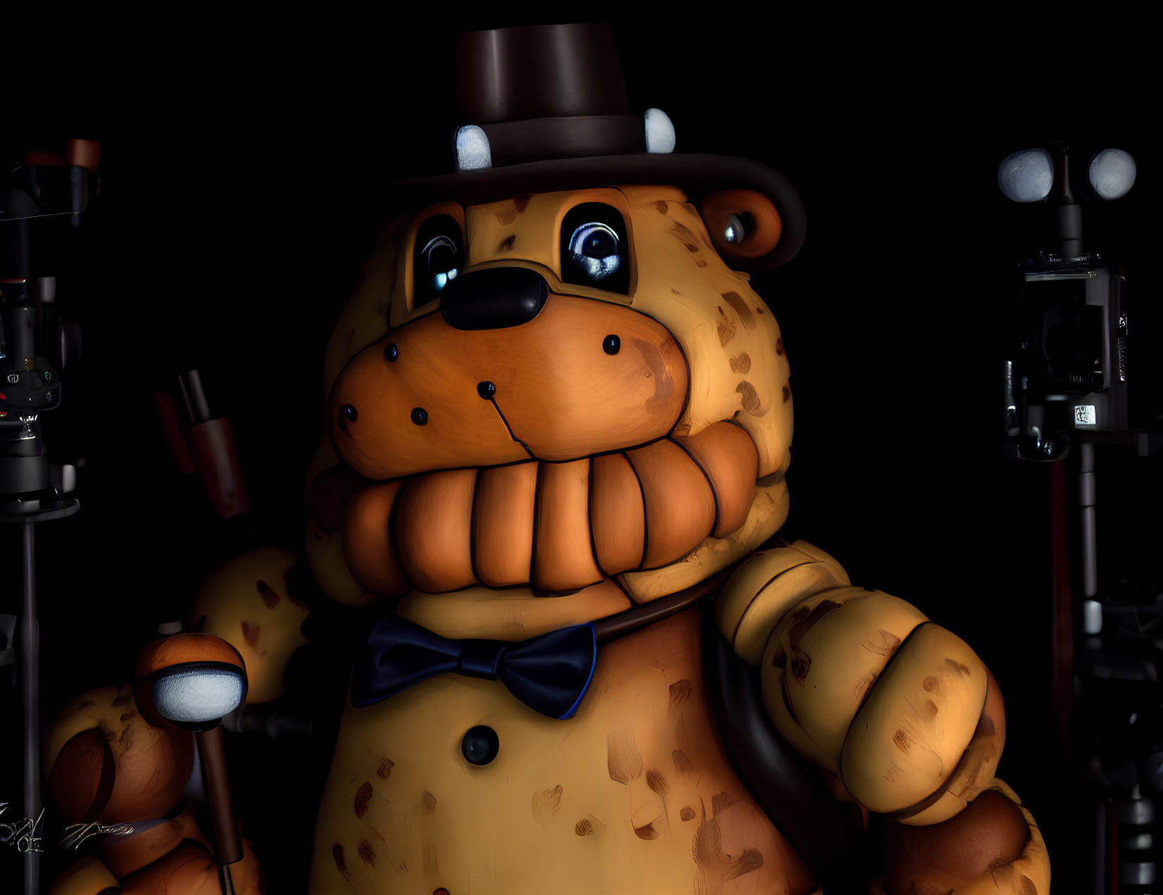 Close-up of Freddy Fazbear animatronic with top hat and bowtie on dark background.