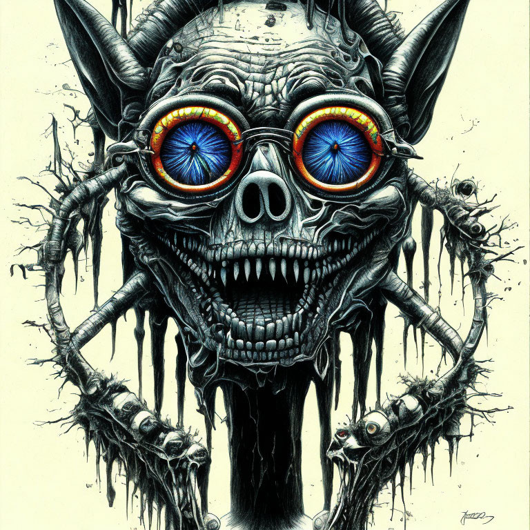 Detailed Drawing of Fantastical Creature with Elongated Skull and Iridescent Eyes