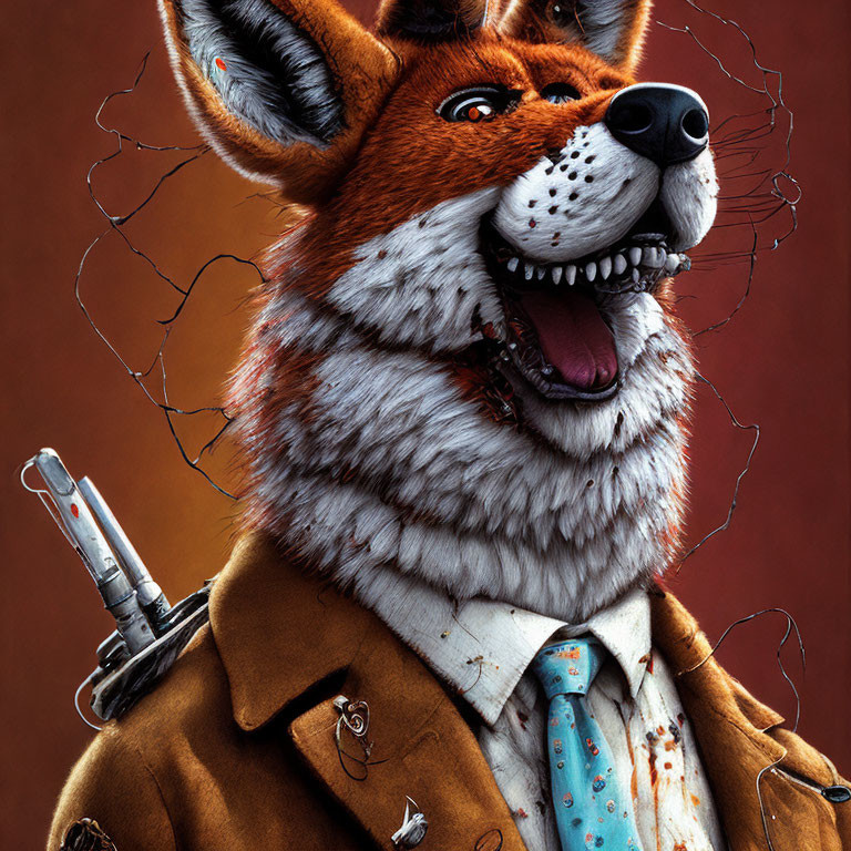 Anthropomorphic fox in suit with cracked eyeglass and hidden blade