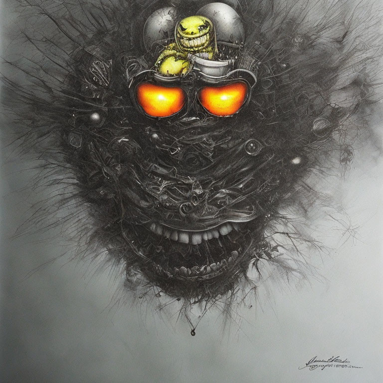 Detailed drawing of monstrous face with orange-glowing eyes, sharp teeth, sinister smile, and small