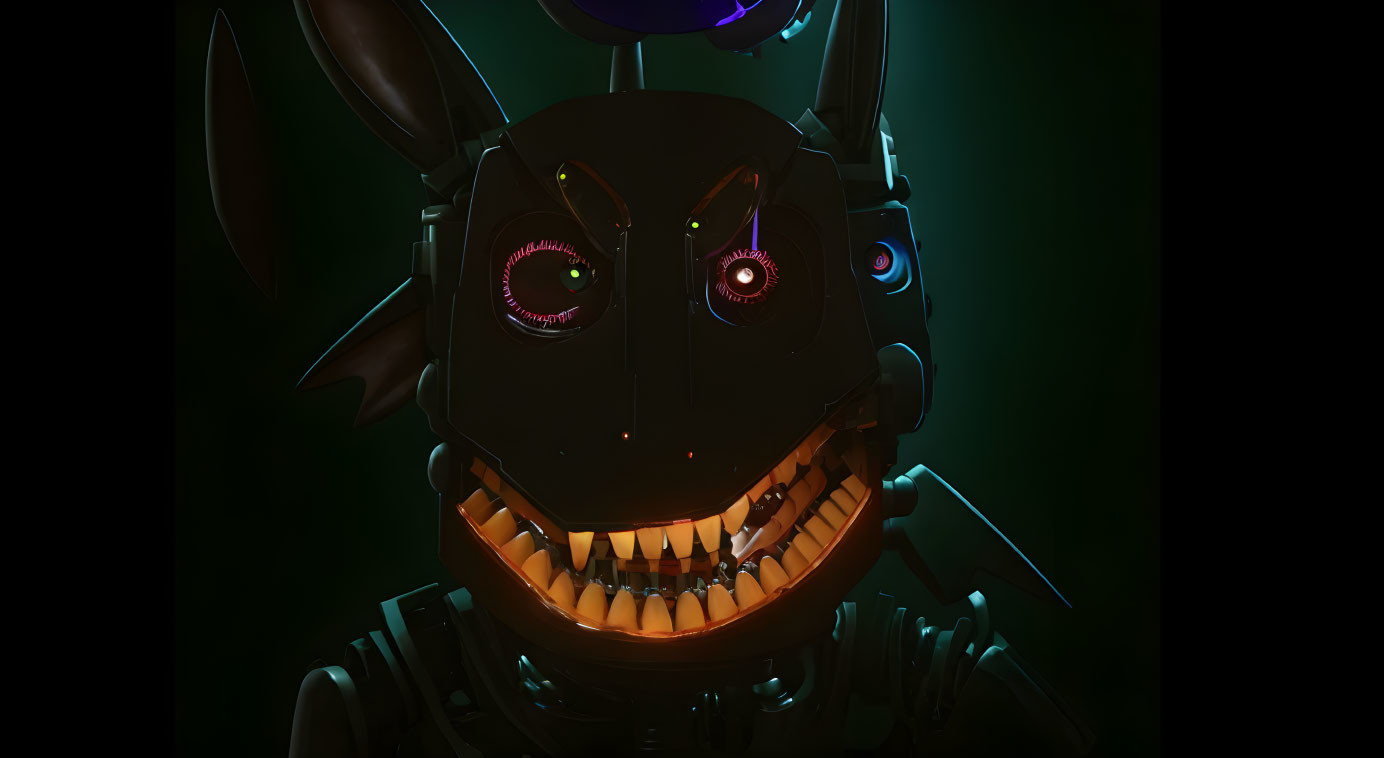 Menacing robotic rabbit head with glowing red eyes and sharp teeth