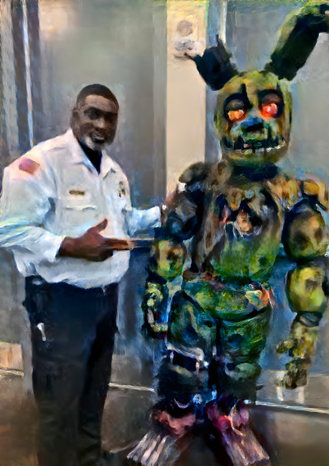 Springtrap standing next to the security guard