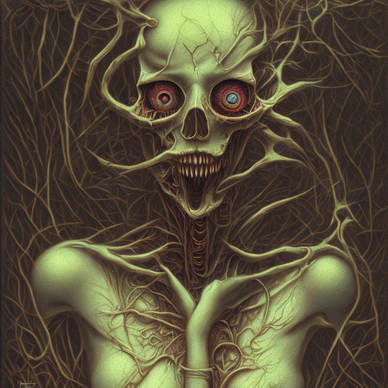 Macabre skeleton with red eyes in twisted branches scenery