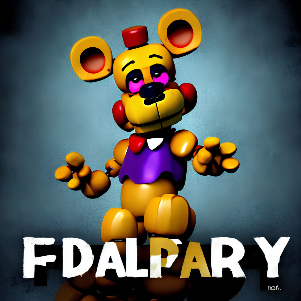 Yellow animatronic bear with purple accents and bowtie in 3D rendering next to "FD