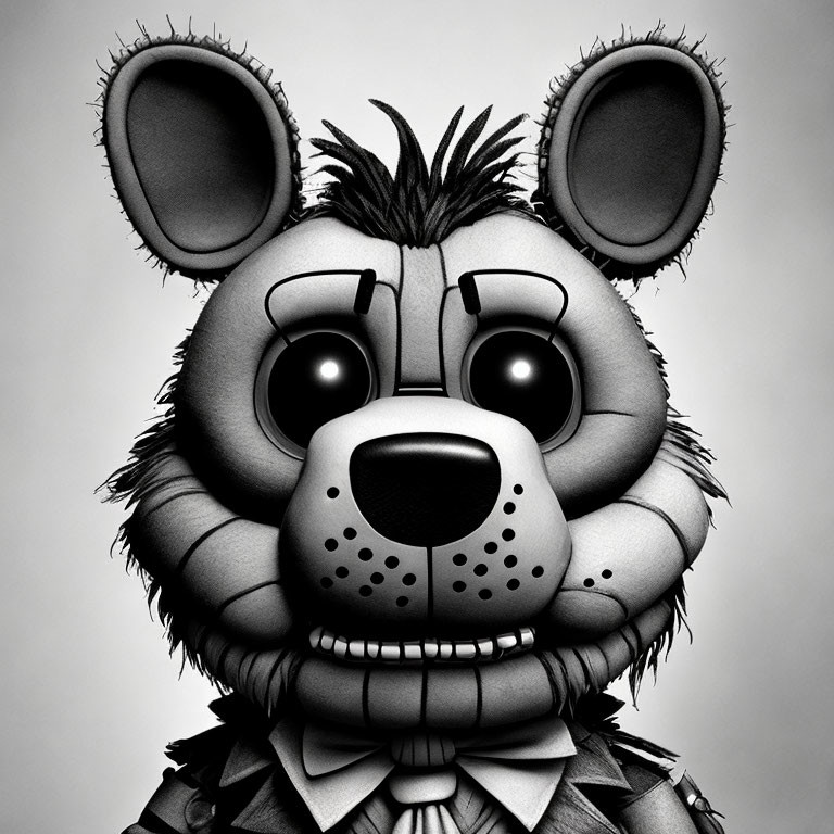 Detailed black and white cartoon of a friendly bear with big ears and bowtie